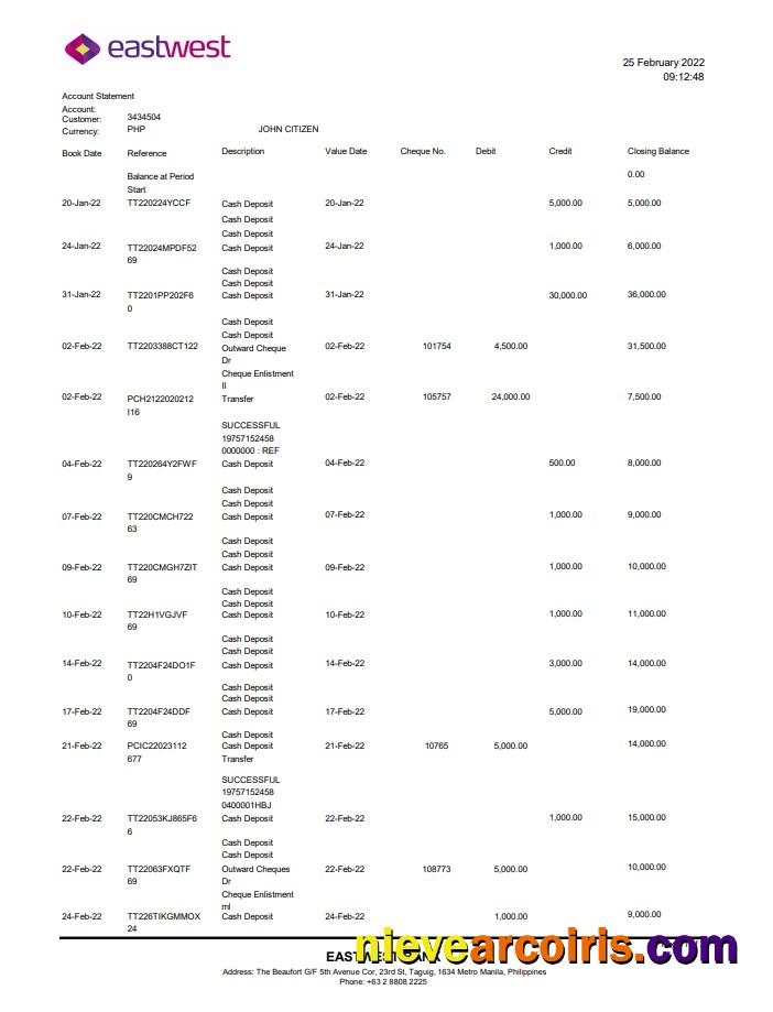 Philippines EastWest bank statement in Excel and PDF format